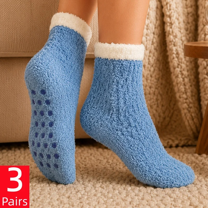 3 Pairs Women's Anti-Slip Silicone Dots Ankle Floor Socks Autumn Winter Coral Fleece Socks Warm Home Slipper Socks Sleep Socks