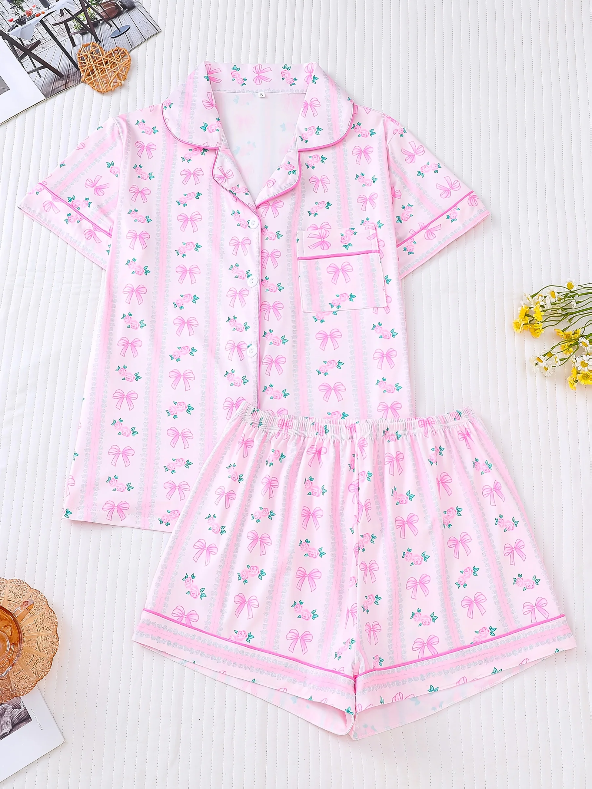 

Cute bow print coat set comfortable collar button short sleeved top and loose shorts women's home wear