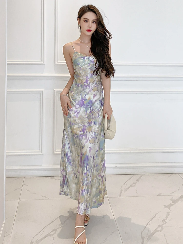 New Summer Satin Elegant Women Evening Long Dress Print Sexy Strap Backless Slim Midi Party Prom Beach Robe Femme Mujer Vestidos