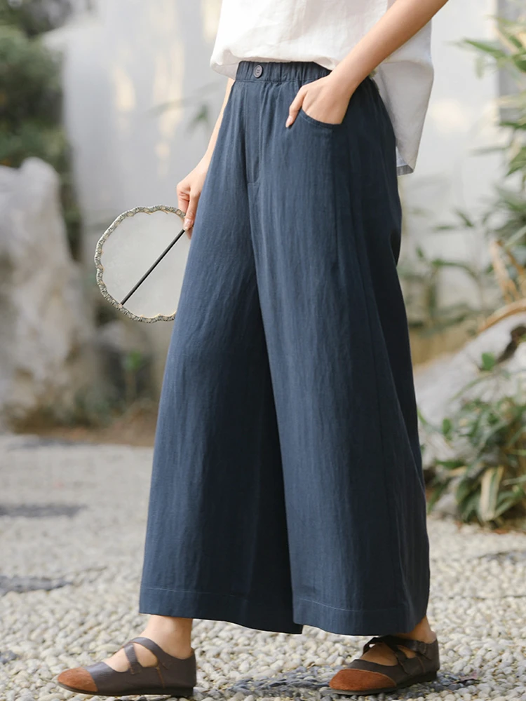 Women Casual Wide Leg Pants New Arrival 2026 Summer Vintage Style Solid Color Loose Comfortable Female Ankle-length Pants M2663