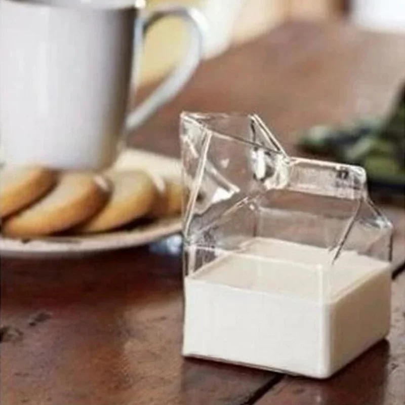 1Pcs Glass Creamer Box Heat Resistant Cartoon Mini Square Milk Carton Container Cup 380ml High Boron Glass Water Cup