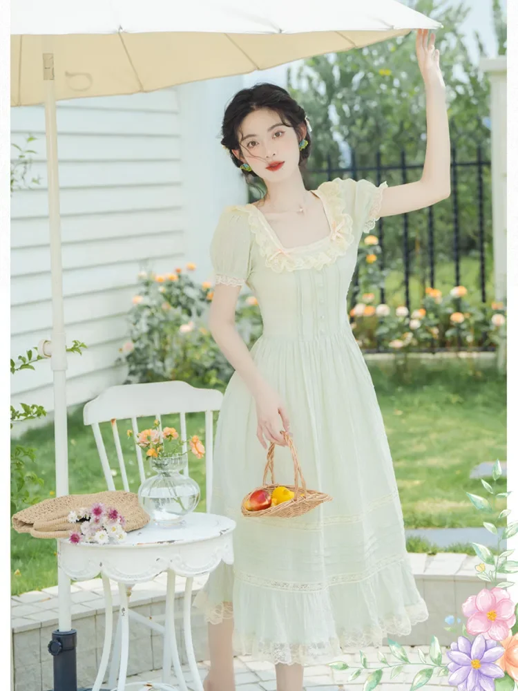 French Retro Princess Dresses for Women 2023 Light Green Sweet Cute Lace Square Neck Elegant Pretty Women's Dress Summer Clothes