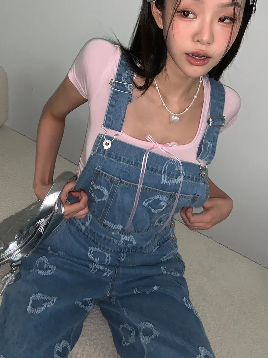 High Waist Denim Overalls Women's Loose Fit Casual Long Pants Spring 2026 New Sle ket Heart ape Faionable Jeans