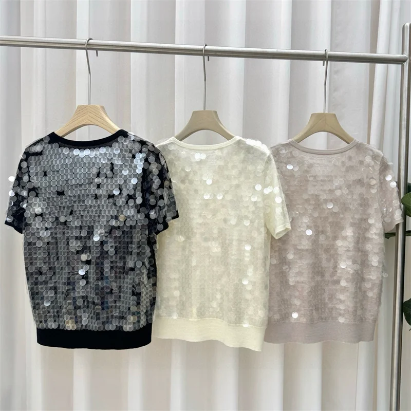 Bild 5: Damenpullover 2026 Frühling Neu Elastisch Gestrickt Figurbetont Kurzarm-Oberteil Wollmischung Pullover mit Pailletten-Dekoration Damen-T-Shirt