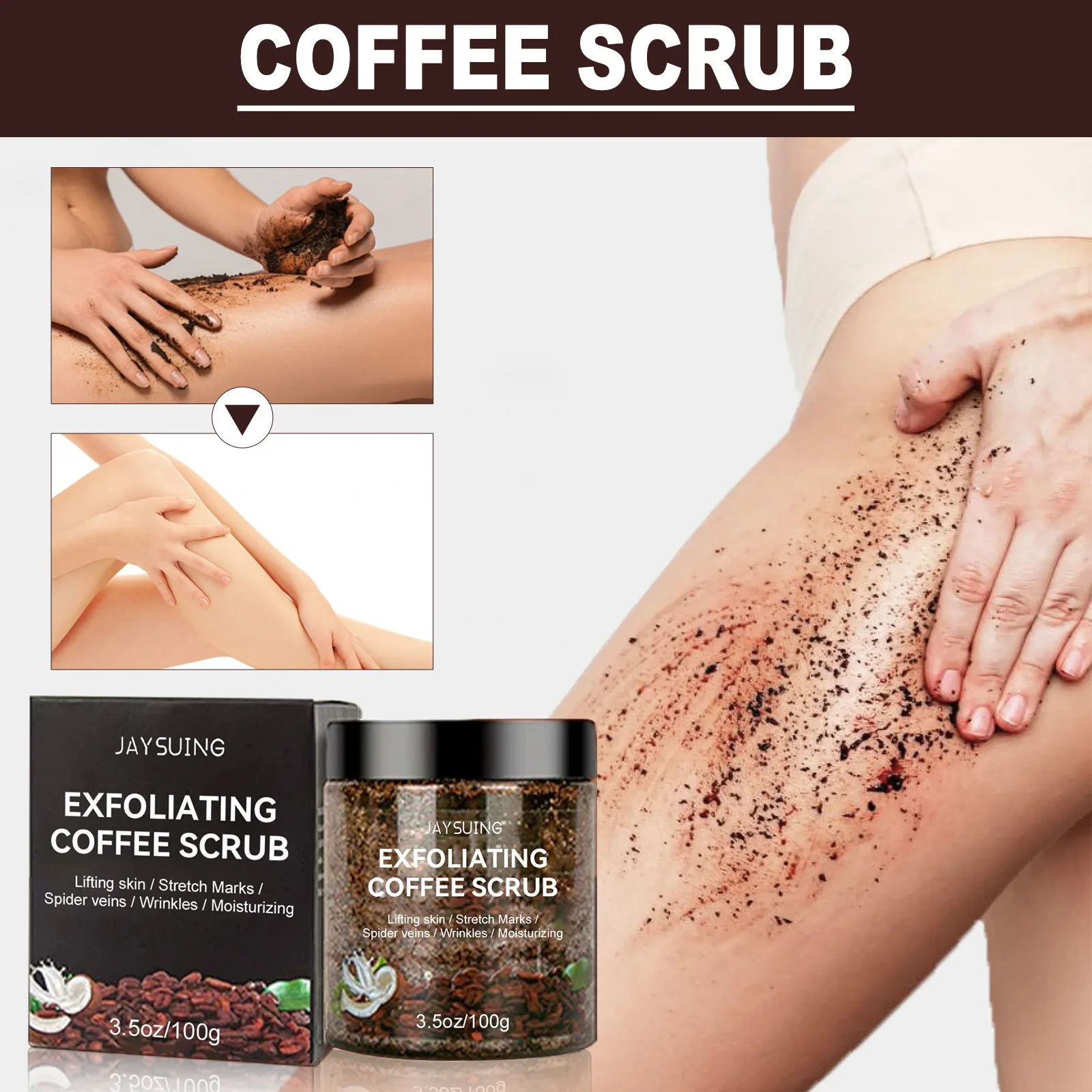 Exfoliante corporal de café para cara y piernas, tratamiento para el acné, limpieza de pigmentación antiarrugas, exfoliante de poros, blanqueamiento suave, hidratante