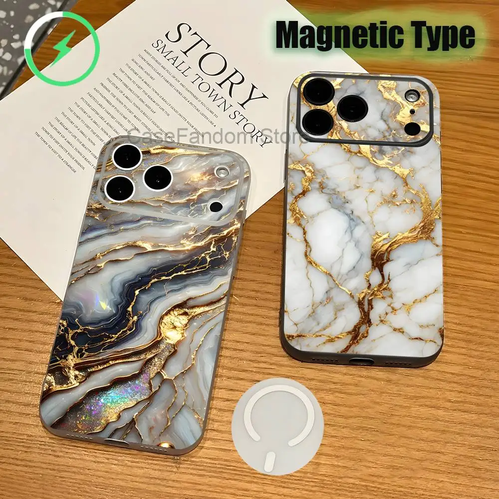 

Gold ArtS ExquisiteS Marble Transparent White Phone Case For iPhone 17,16,15,14,13,12,11,Pro,Max,Plus Magnetic Wireless Charging