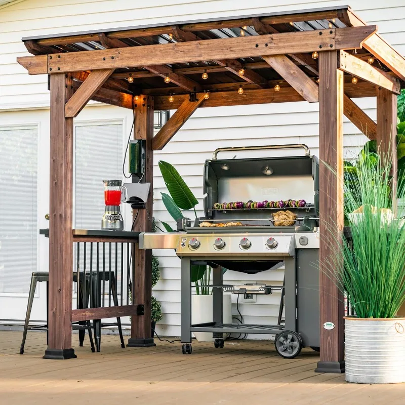 Wooden Grill Gazebo Insulated Steel Roof Cook Station Barbeque Patio Withstand Wind and Snow Corrosion Resistant and Durable