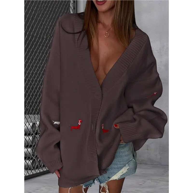 AT05-Women's Fall Graphic التطريز زر أسفل سترة الخامس الرقبة دافئ مضحك سترة متماسكة سترة معطف #2