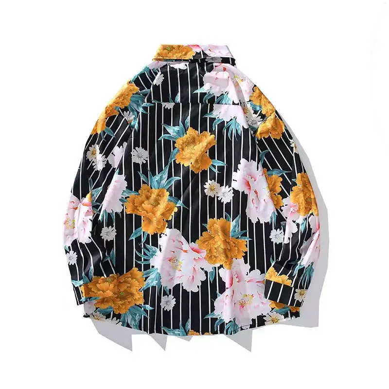 Striped Flower Print Hawaii Shirts Long Sleeve Shirt Men Oversized Beach Shirt Thailand Blouse Women Shirt Japanese Vacation