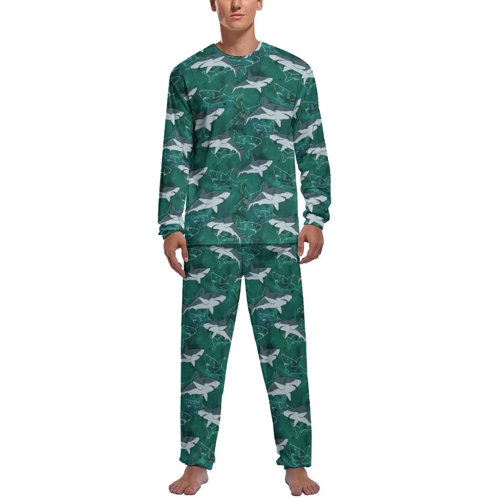 Shark Marine Pajamas Animal Print Men Long-Sleeve Lovely Pajama Sets Two Piece Leisure Autumn Pattern Nightwear Gift