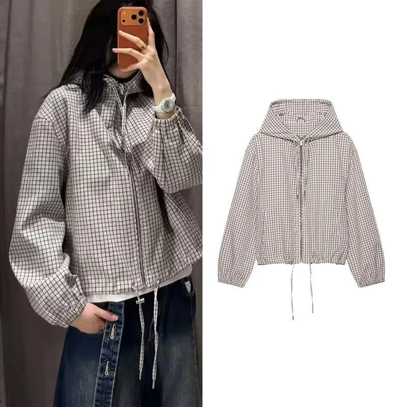 Women's Winter Jacket with Hooded New 2026 Casual Long Sleeve Checked Women's Jackets With Drawstring Chic Female Coats