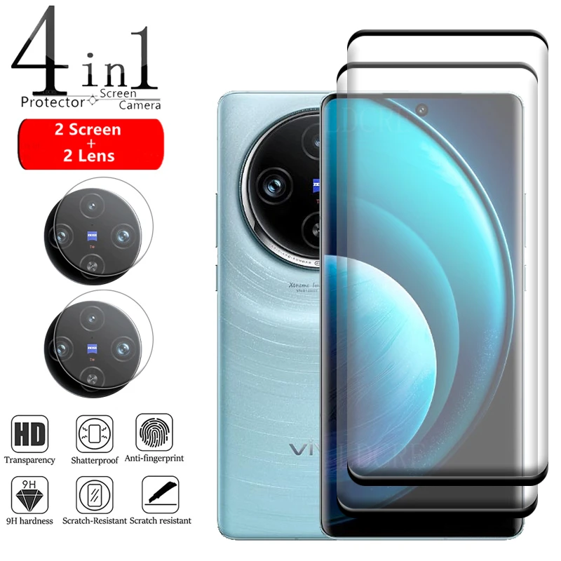 

4-in-1 For Vivo X100 Pro Glass For Vivo X100 Glass Phone Film Full Cover HD 9H Curved Screen Protector Vivo X100 Pro Lens Glass