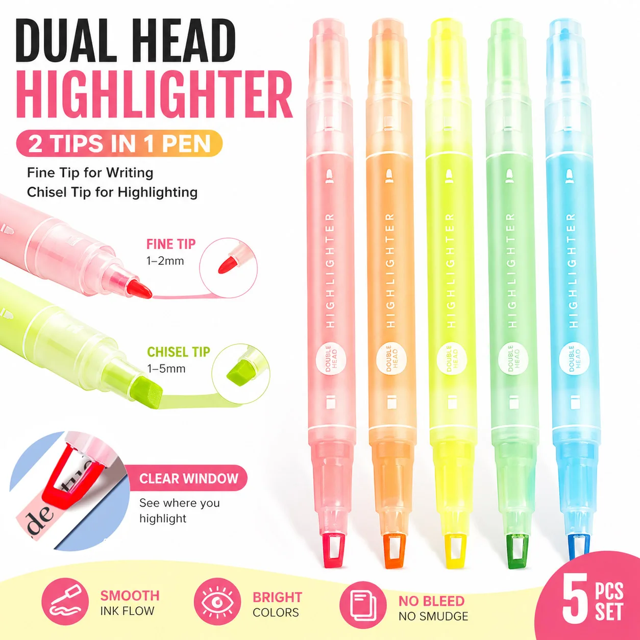 Juego de 5 Marcadores Fluorescentes de Doble Punta, Punta Cincel y Punta Fina, para la Escuela, Oficina y Dibujo