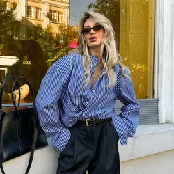 Women's Shirt with Blue and White Stripes, Long Sleeved Collar Loose Button Cardigan High-end Sense Niche Shirt 2024 Autumn