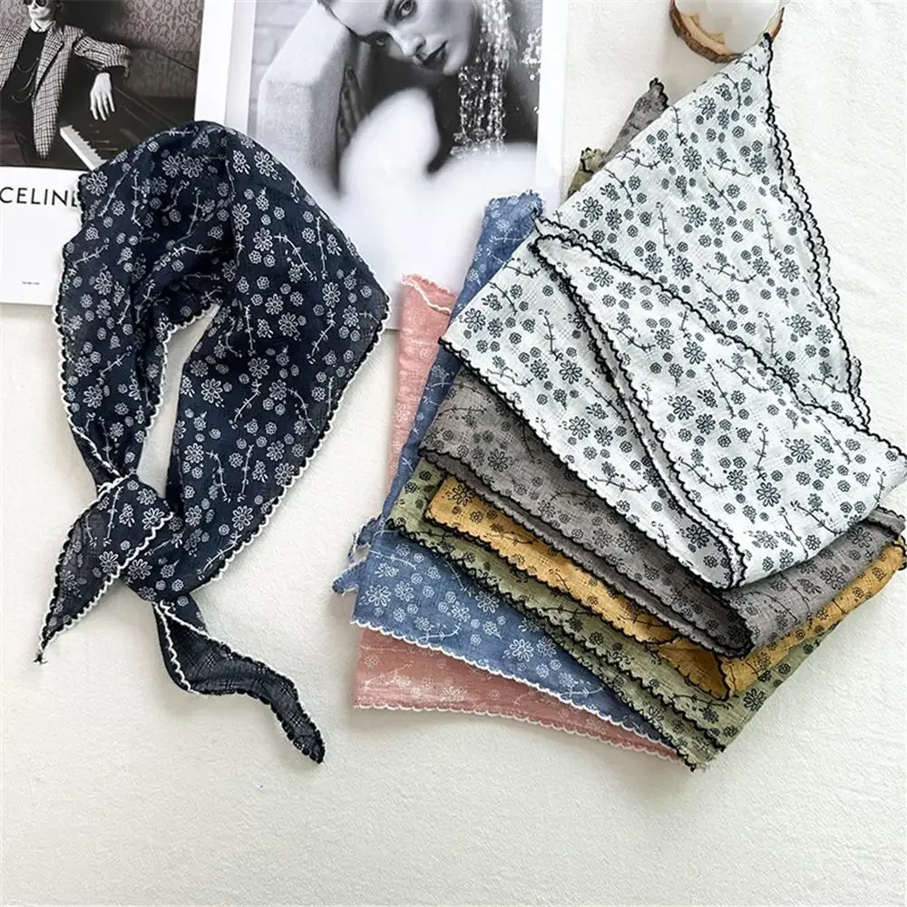 Lightweight Floral Triangle Scarf Thin Head Wrap Vintage Neck Scarf Korean Style Breathable Spring Summer Bandana for Women