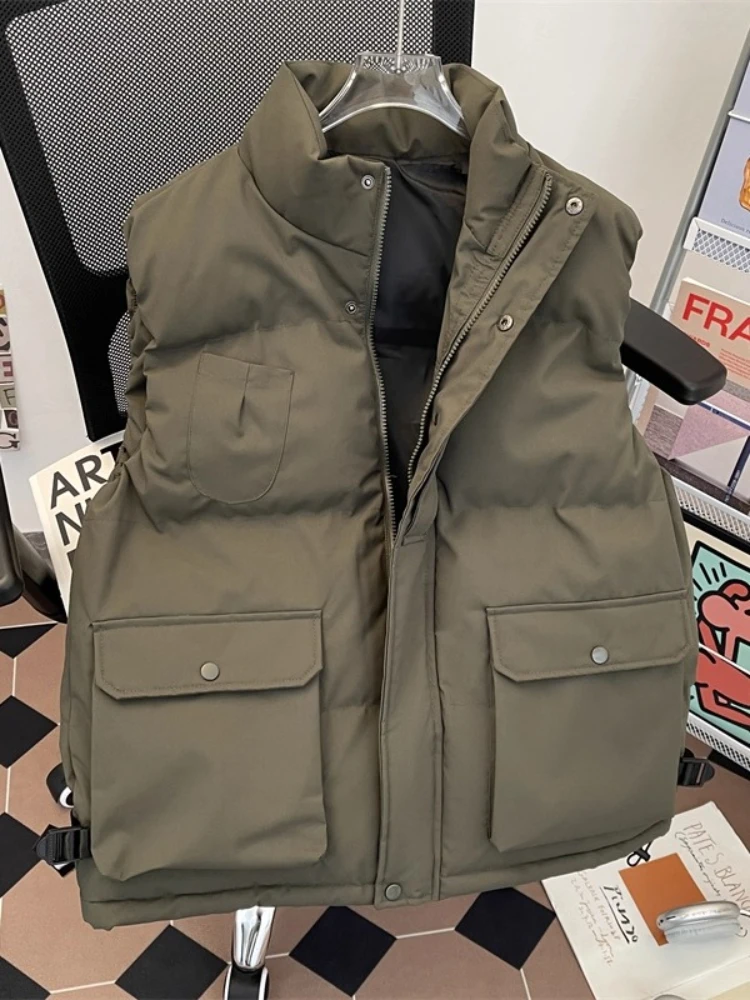 Vintage Utility Cotton Vest Men Winter Thickened Quilted Stand-Collar Vest Multi-Pocket Cargo Sleeveless Coat Windproof Parkas