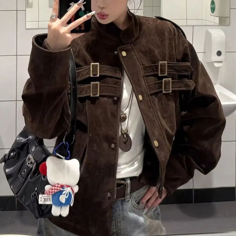 เสื้อแจ็คเก็ตวินเทจลายปะติดแฟชั่น สำหรับฤดูใบไม้ร่วงและฤดูหนาว คอตั้ง เสื้อผ้าผู้หญิง สีพื้น ทรงหลวม กระดุมแถวเดียว เสื้อโค้ทสั้น