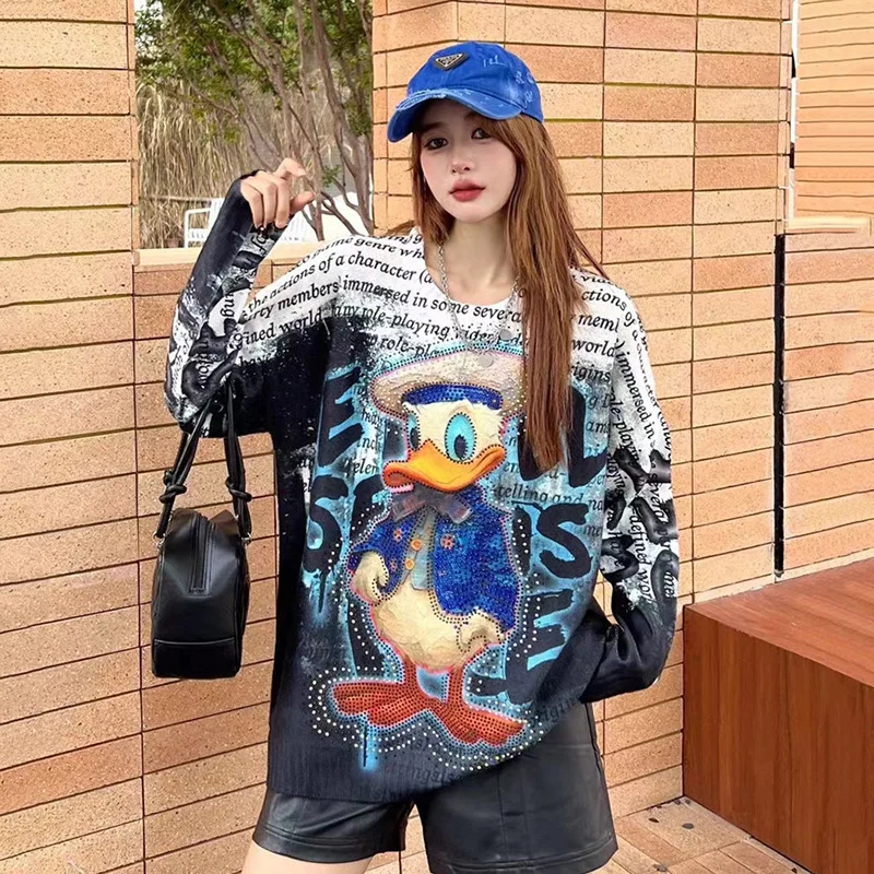 

2025 Новый американский модный женский свитер из норкового флиса, сверхпрочный топ со стразами и круглым вырезом, большой утягивающий топ с длинными рукавами