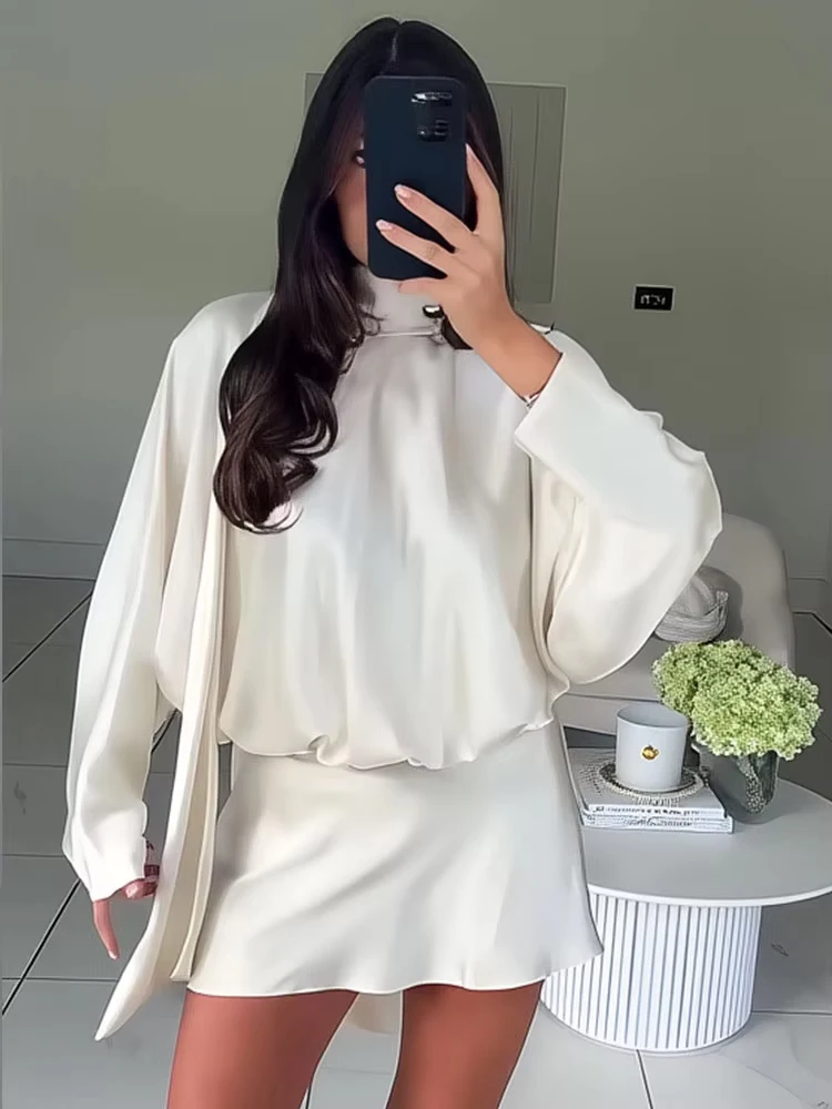 HH femme élégante Mini robe soie Satin Texture à manches longues col roulé avec écharpe solide fête mode Vintage robe Sexy Mujer