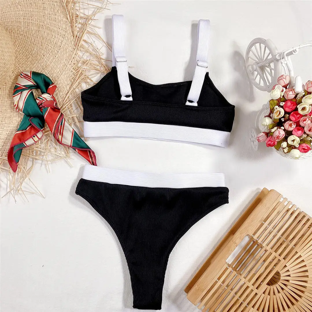 Neuer, verführerischer, gerippter Badeanzug mit aufgesetzten Elementen, hoch geschnittener Bikini, Damen-Badebekleidung, zweiteiliges Bikini-Set, Badeanzug, Badebekleidung, Modell V2329. – Detail 27