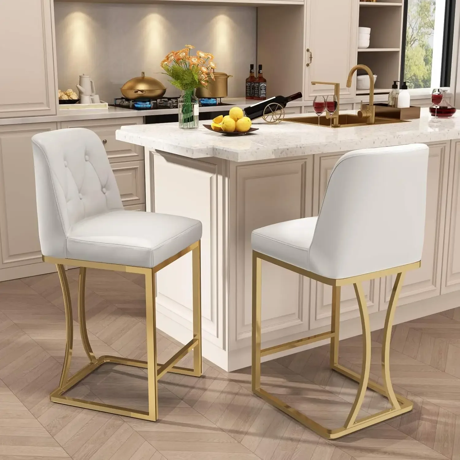 

24" Counter Height Bar Stools Set of 2, White Bar Stools with Back and Gold Metal Frame, Modern Luxury Barstools with Footrest,