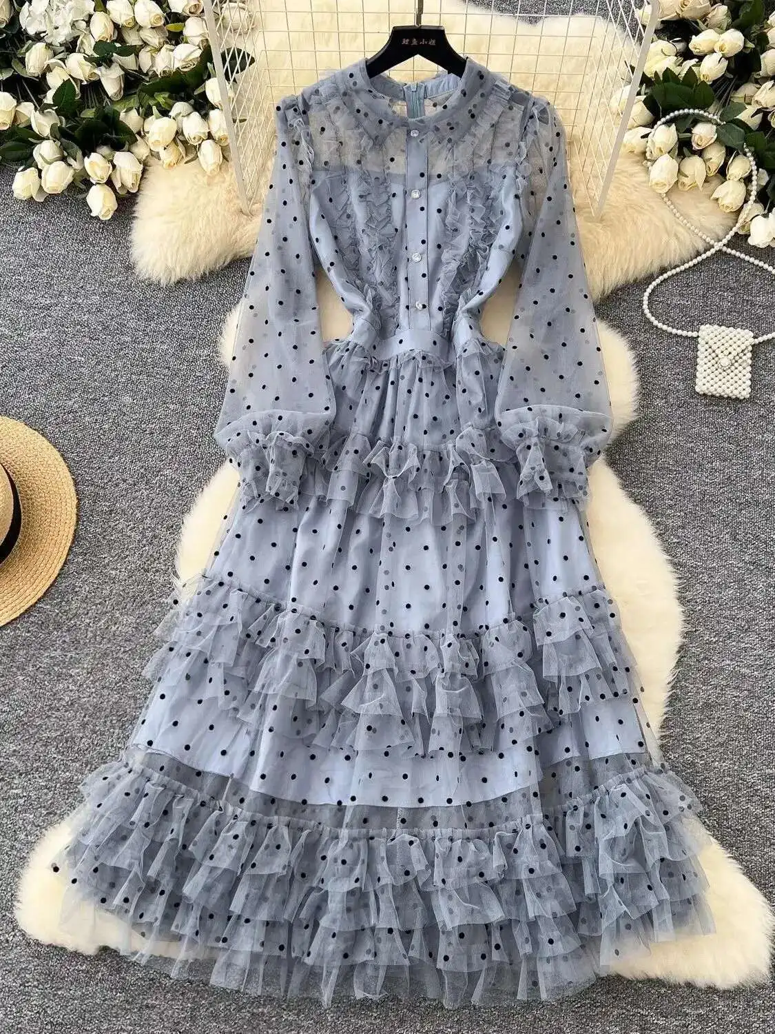 

Summer Polka Dot Embroidery Tulle Lace Ruffle Cake Dress Women's Autumn Crystal Long Sleeve Party Evening Vestido Midi Robe Grey