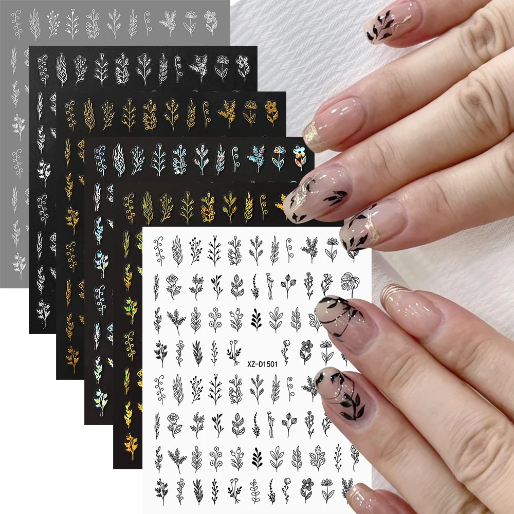 12Pcs Black Gold Bronzing Leaves Nail Stickers Holographic Floral Laser Nail Foils Decals Flower Leaf Manicure Tips Decorations