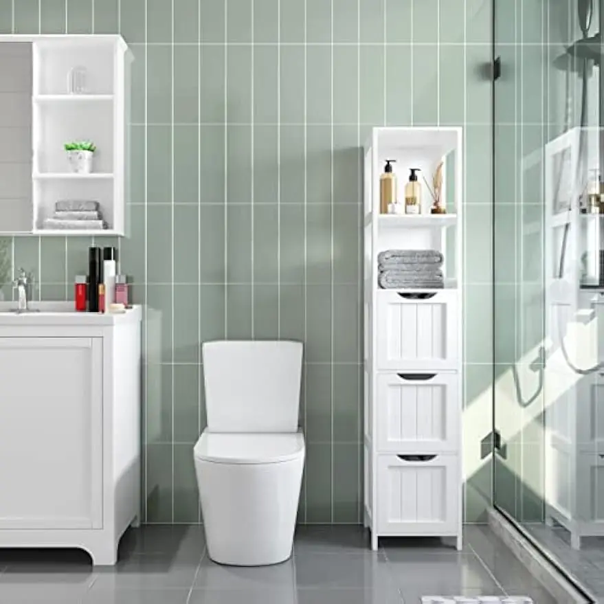 Bathroom Tall Cabinet, Slim Storage Cabinet, Narrow Freestanding Floor Cabinet with 3 Drawers & 2 Shelves, Linen Tower for Small