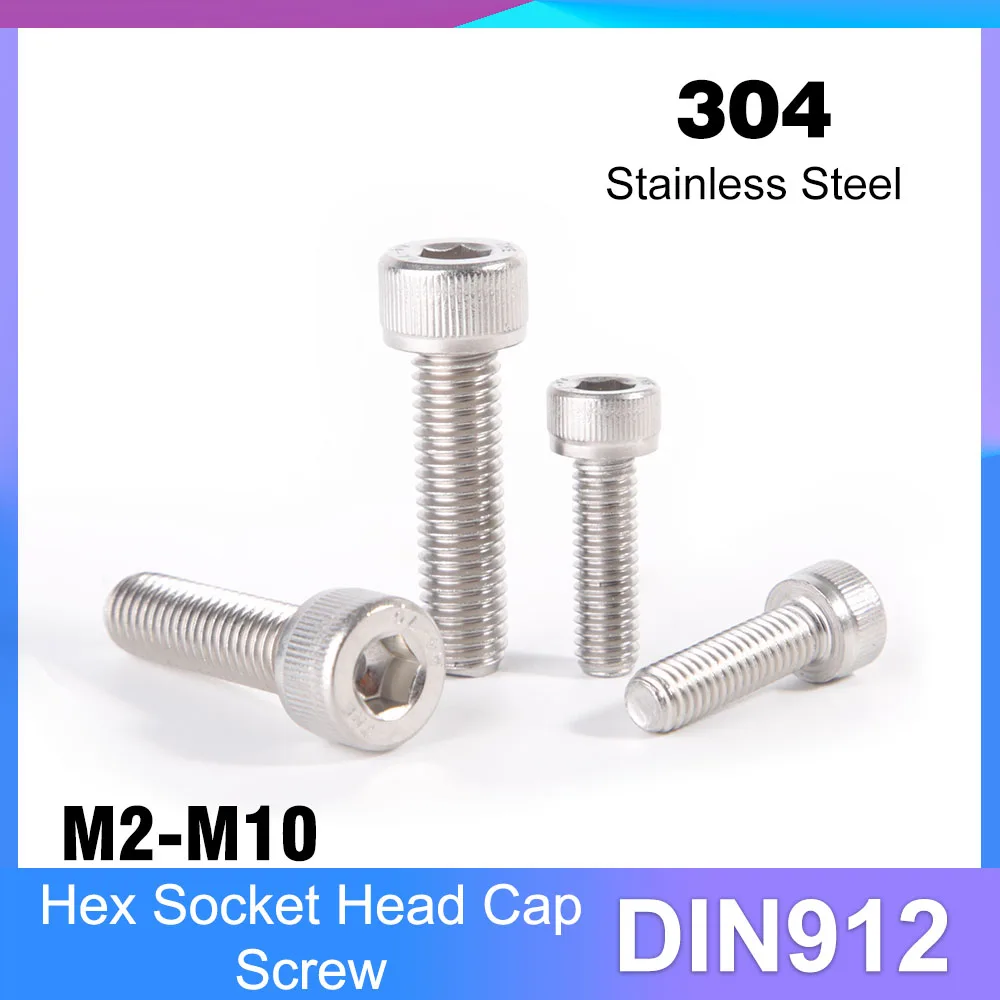 304 Stainless Steel Inner Hex Socket Head Cap Screws Bolts DIN912 A2 Hexagon Allen Full Threaded Screw Bolts M3 M4 M5 M6 M8 M10