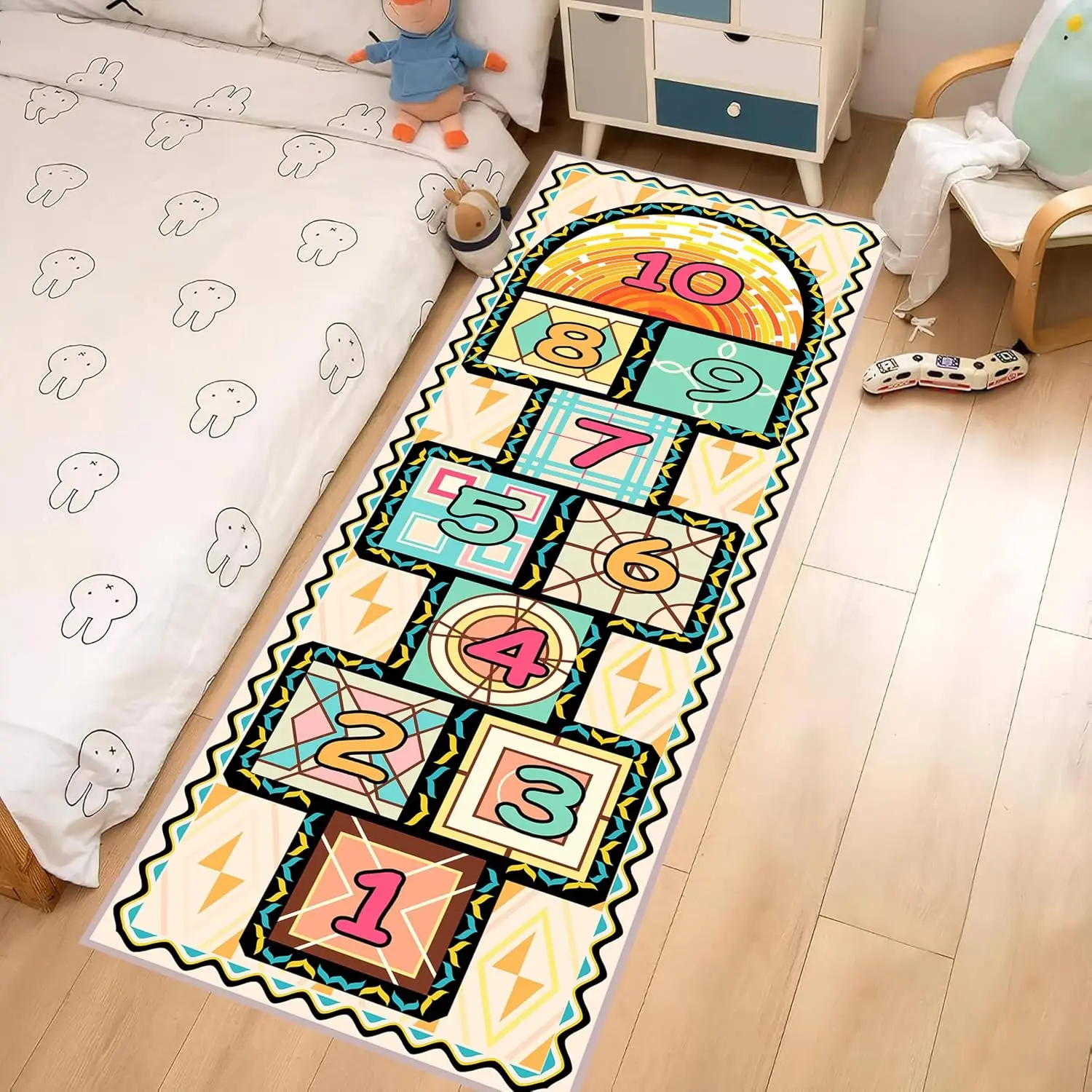 Boho Hopscotch Runner Mat, Cute Geometric Number Play Art Print,Non-Slip Washable Rug for Entry Hall Kitchen Office Indoor Decor