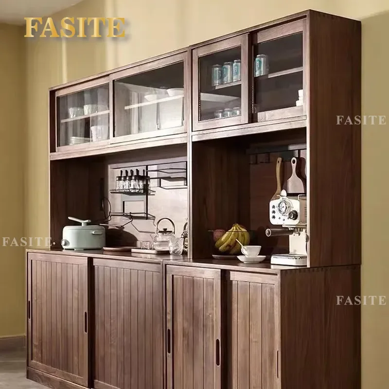 Nordic Black Walnut Sideboard Cabinet Solid Wood Kitchen Storage Buffet with Wine Rack Modern Minimalist Console Table for