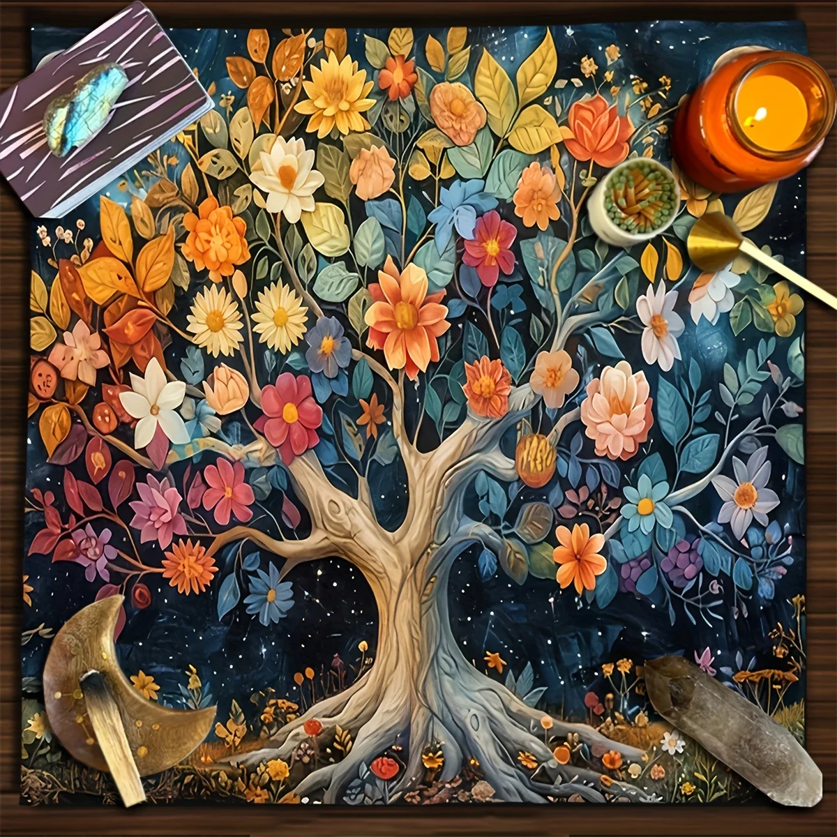 Tarot Cloth Neutral Tarot Cloth Astrology Sun Magic Flower Tree of Life Card Reading Tablecloth - Colored Night Sky, Sun and
