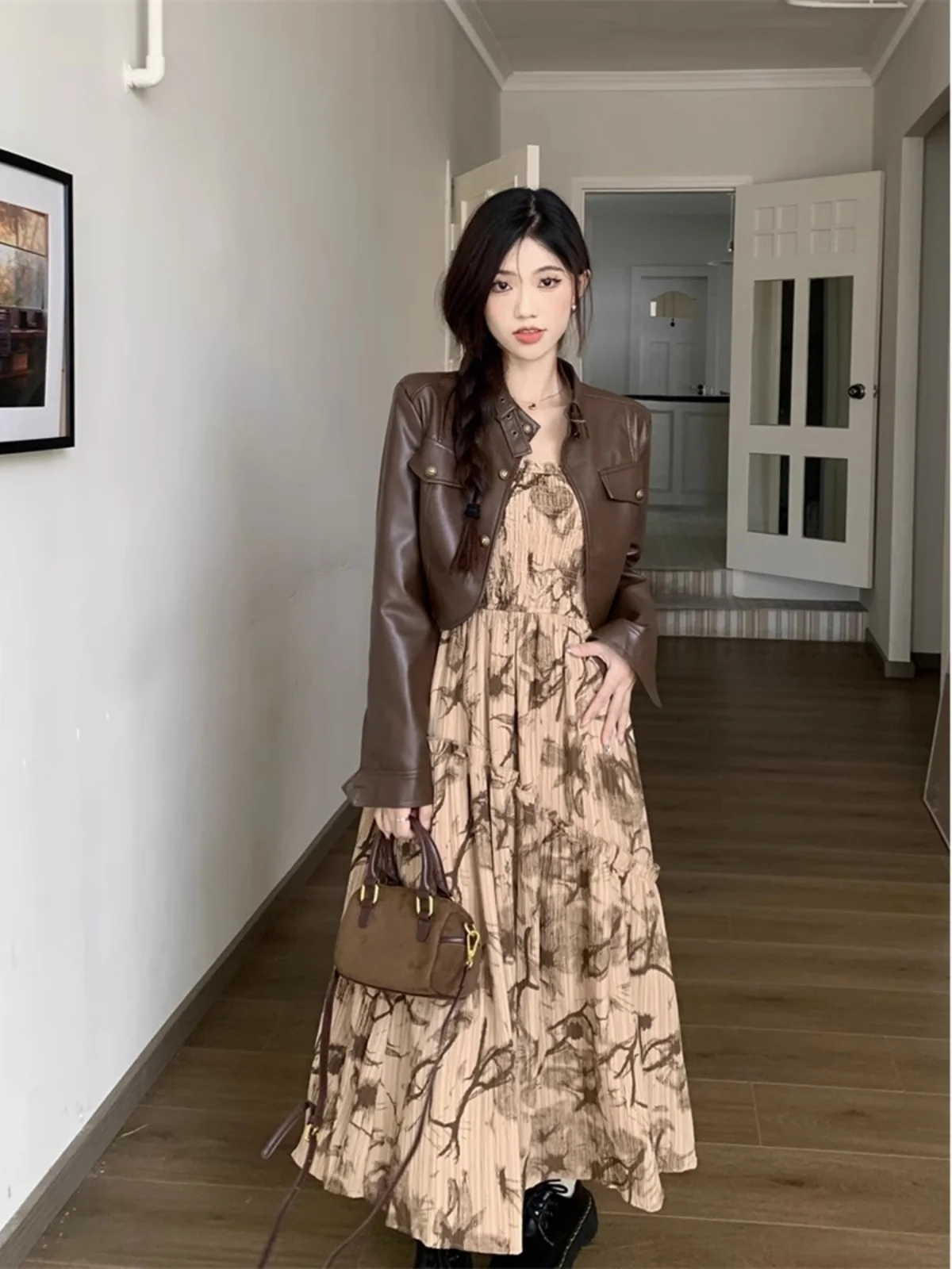 Short Long Sleeved Motorcycle Leather Jacket Floral Strap Dress Two Piece Set Women Spring Autumn New Fashion Print Dress Sets