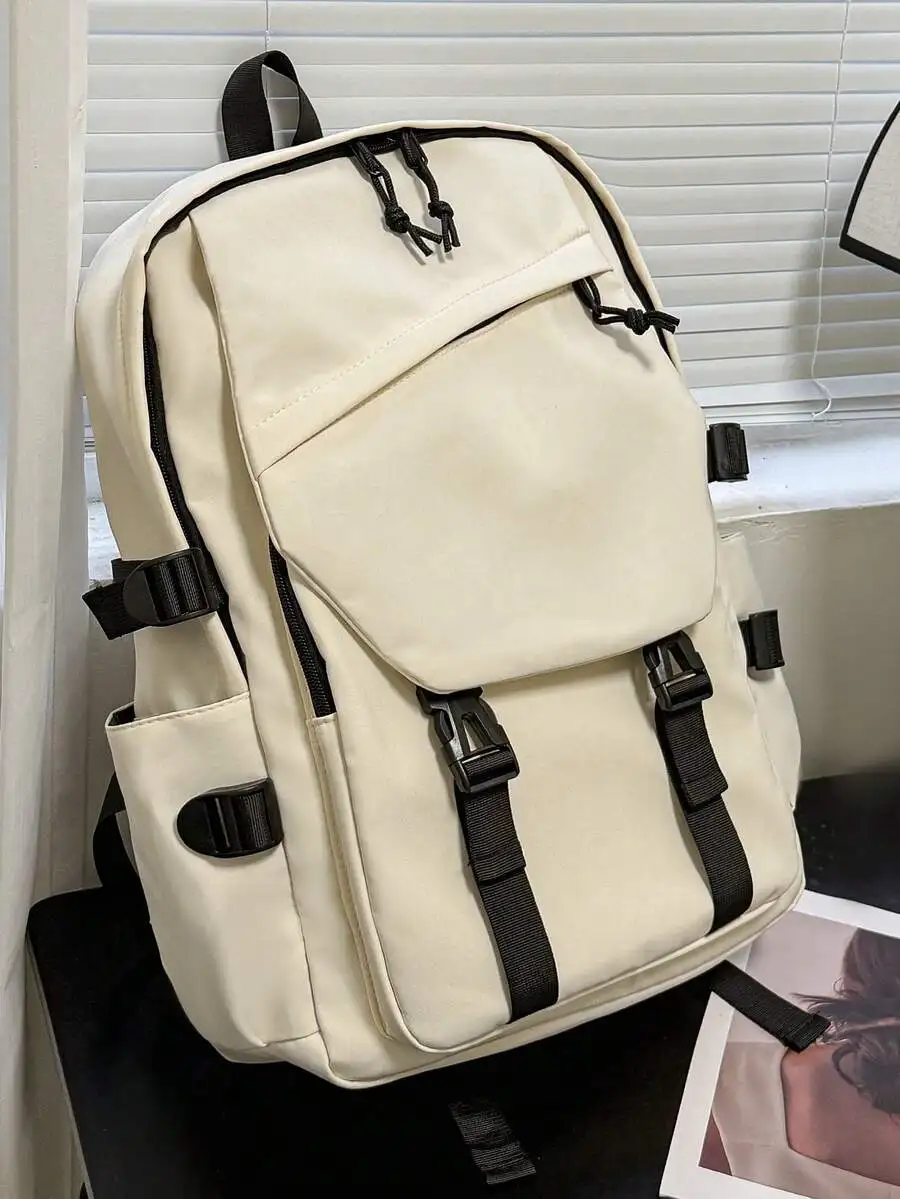 

Beige Nylon Backpack Large Capacity Multifunctional Commuter Bag For Travel School Office
