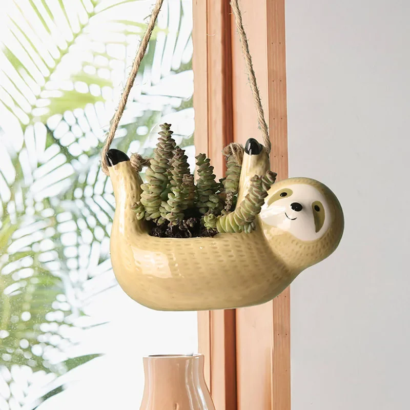 2pcs Ceramic Hanging Plant Pot Cute Animal Planter Succulent Air Plant Cactus Chlorophytum Indoor Outdoor Garden Decor Gift