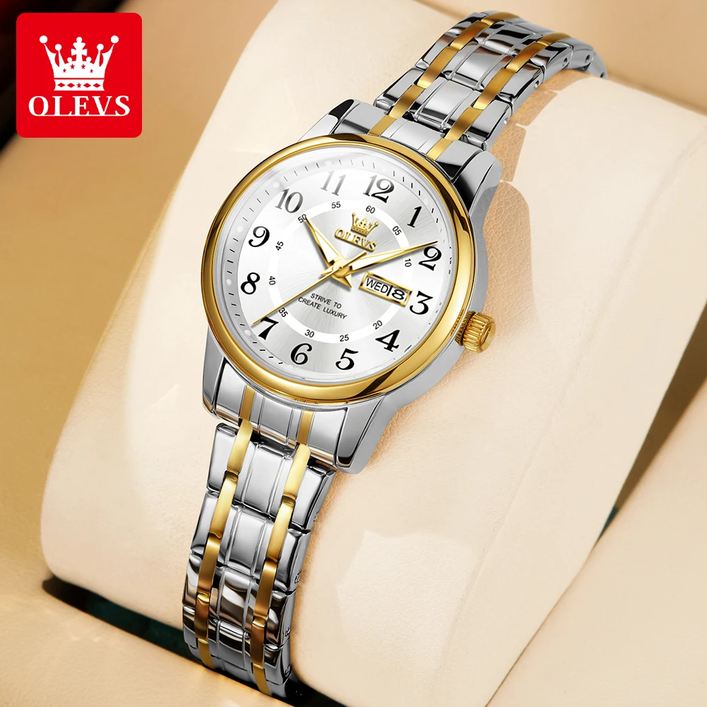 OLEVS Luxury Brand Fashion Women\'s Watches Waterproof Luminous Quartz Watch Dual Calendar Stainless Steel Strap Wristwatch Set