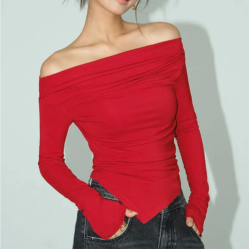 Autumn New T-shirt Red Sexy Women Top Off Shoulder Slim Tees Long Sleeves Streetwear Pullover Asymmetrical Lady Knitted T-shirt