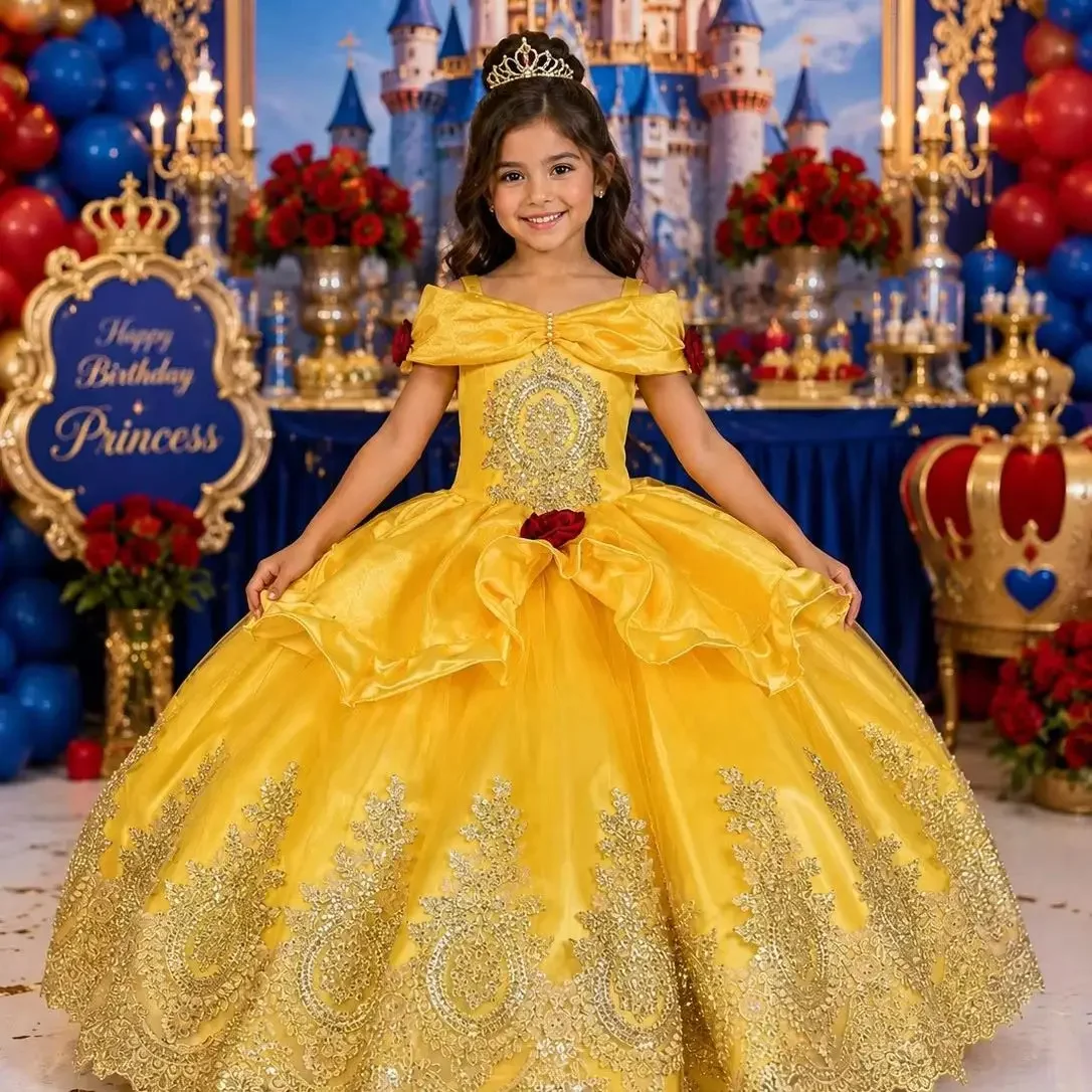 

Gorgeous Princess Flower Girl Dress For Wedding Satin Gold Appliques With Bow Kids Birthday Party Banquet Ball Gown Customized