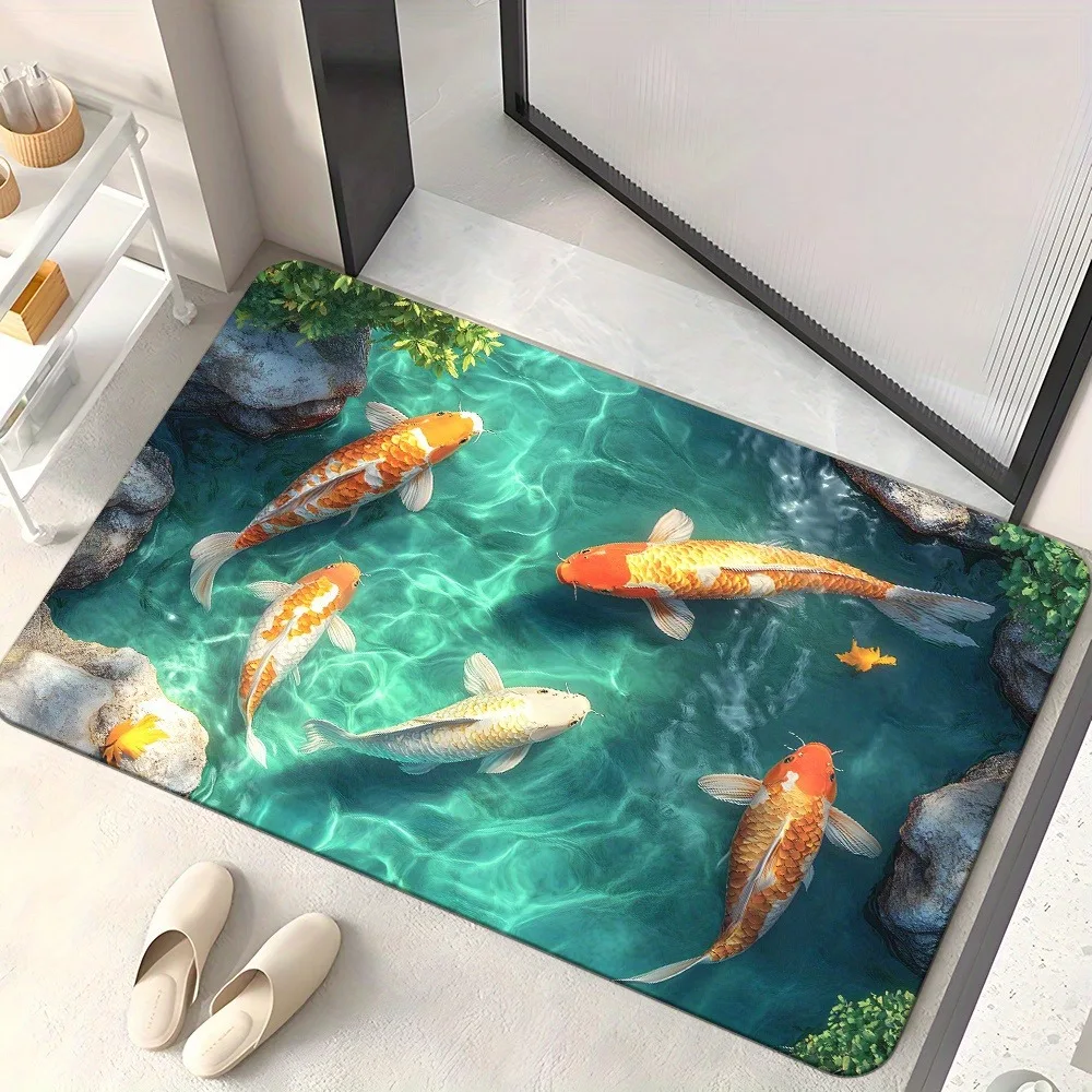 llusion Pond Koi Doormat Bathroom Bedroom Living Entrance, Bath Mat Serene Design Fish Decoration Floor Mats Camping Picnic Rug