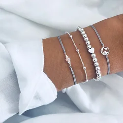Boho Heart Charm Bracelet Set For Women Beads Chain Wrap Bangle Lady Girls Bohemian Jewelry Gift