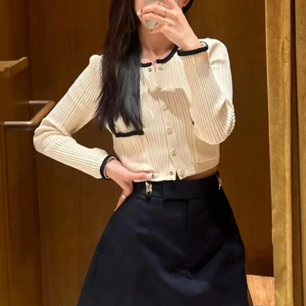 

Новинка 2024, облегающий вязаный кардиган контрастного цвета в круглую полоску, открытый кардиган ort Commute Jaet Fragile Faion