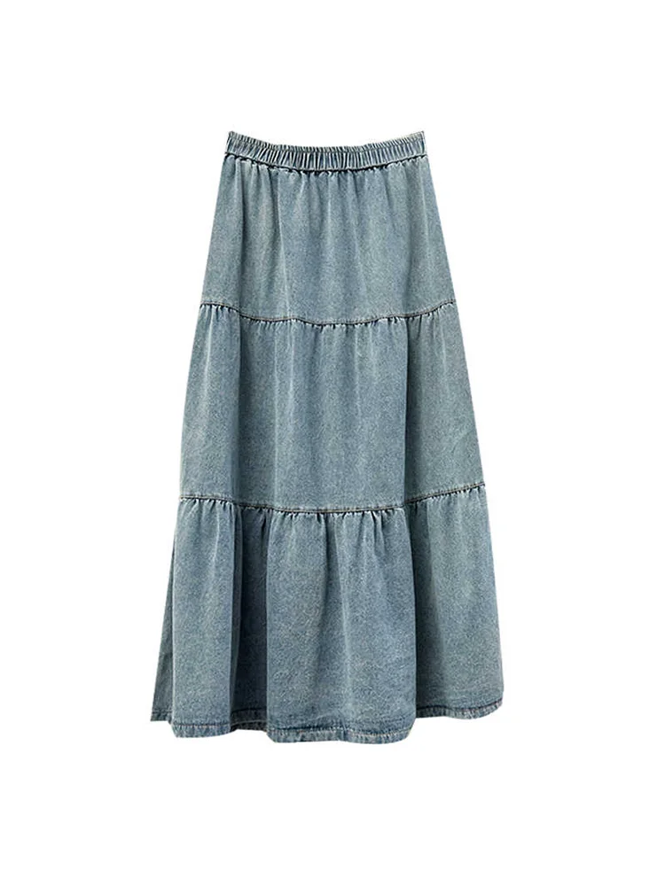 Retro spódniczki dżinsowe z elastyczną talią dla kobiet 2023 nowa wysoka wyszczuplająca talia pół spódnica moda letnia spódnica trapezowa