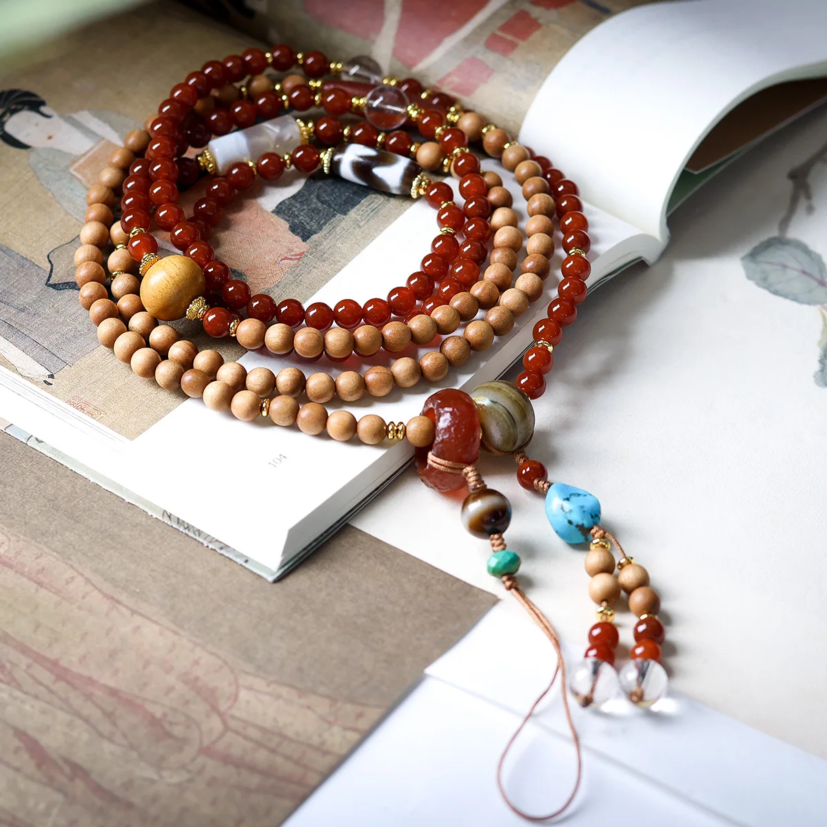 Crossbody Phone Lanyard with Southern Red Agate, Sandalwood, Turquoise, Patina Agate & Tiger Tooth Dzi Bead