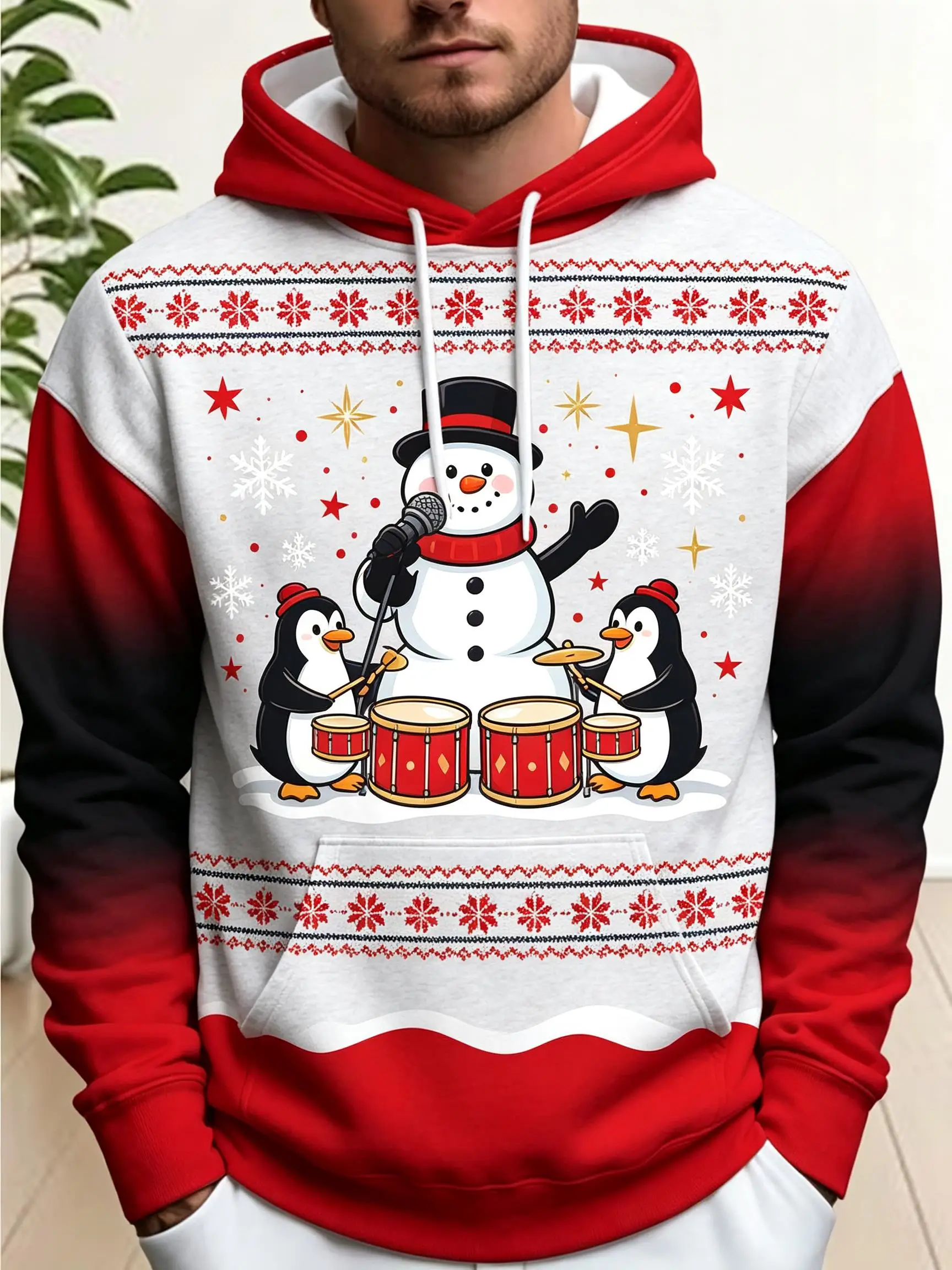 2026 Men Thin Sweatshirt Autumn Winter Hoodie Xmas Santa Snowman Penguin Graphic Print Long Sleeve Male Tops Men's Clothes