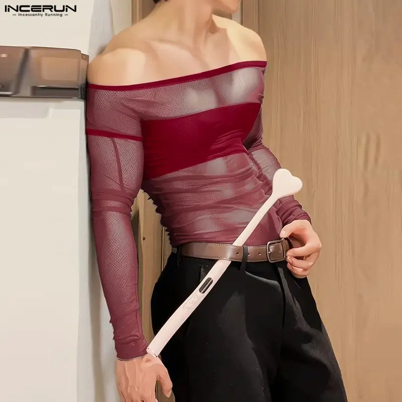 INCERUN Männer T Shirt Mesh Patchwork Durchsichtig Sexy Männliche T Tops Boot-ausschnitt Streetwear Party Mode Nachtclub Männer Kleidung