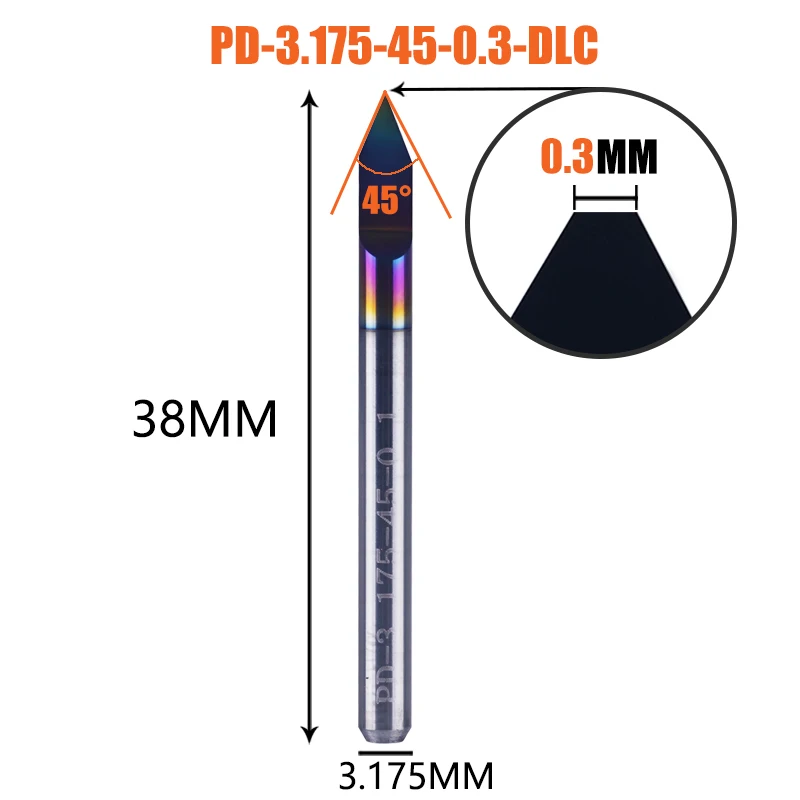 Dreanique 1 Stück Hartmetall-Leiterplatten-Gravurbit mit flachem Boden, 3,175 mm Schaft, DLC-beschichtet, 30 60 90 Grad, 0,1 0,2 0,3 mm Spitze, V-Nut-Bit-Werkzeug