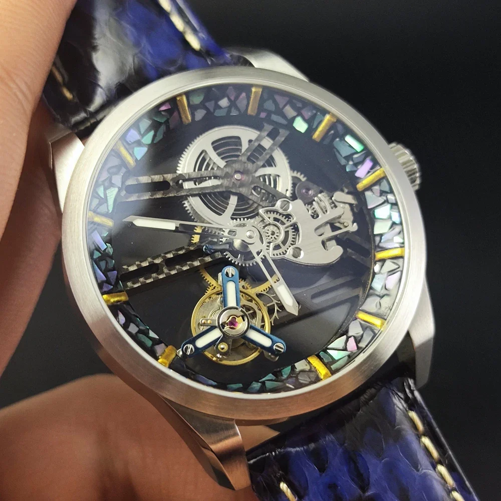 HUASUO Неугольное культурное наследие, лаковый инкрустированный безель, 42 мм, мужские механические часы с турбийоном, сапфировый кристалл, ремешок из питона