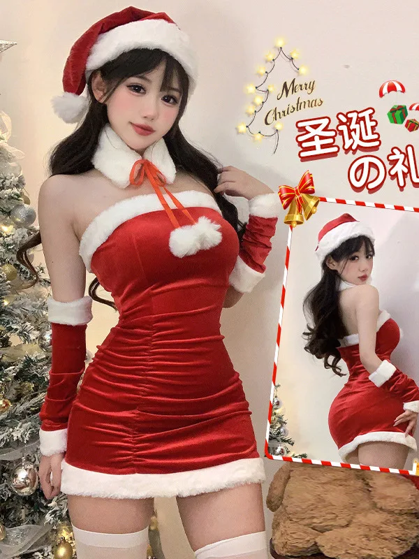 Korean Fashion Sexy Women Christmas Decoration Short Dress Elegant Velvet Sexy Female Cosplay Halloween Performance Dress 6BVH