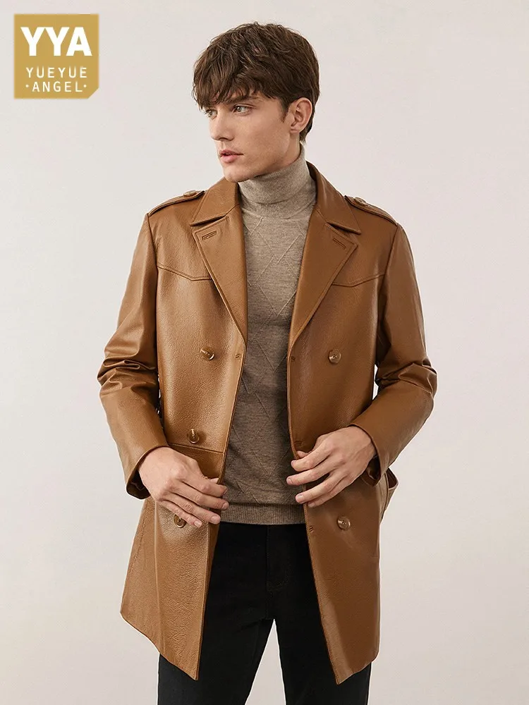Mens Double Breasted Belted Waist Loose Fit Cowhide Gneuine Leather Long Jacket New Business Casual Work Windbreaker Trench Coat