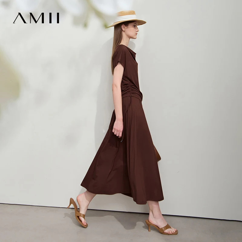 AMII Minimalist เสื้อยืดสั้นกระโปรงชุด 2 ชิ้น 2025 ฤดูร้อนใหม่ Swing COLLAR สบายๆ A-รูปชุดกระโปรง 12542036